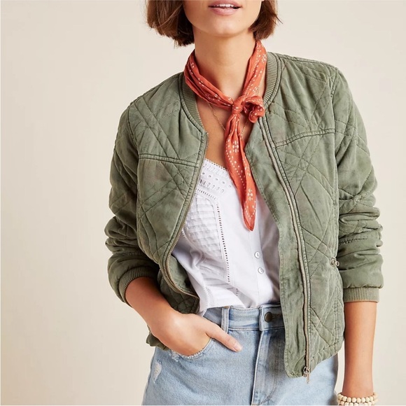 Anthropologie Quilted Bomber Jacket Valentina Floral Olive Green Size Small - Picture 1 of 13